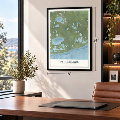Kwigillingok, Alaska map, 18 x 24 inch print in a black frame in a home office
