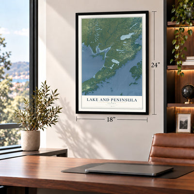 Lake and Peninsula, Alaska map, 18 x 24 inch print in a black frame in a home office