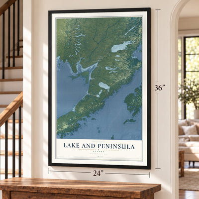 Lake and Peninsula, Alaska map, 24 x 36 inch print in a black frame by a staircase