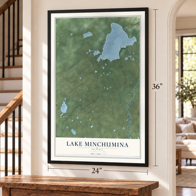 Lake Minchumina, Alaska map, 24 x 36 inch print in a black frame by a staircase