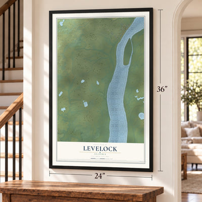 Levelock, Alaska map, 24 x 36 inch print in a black frame by a staircase