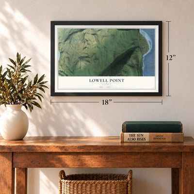 Lowell Point, Alaska map, 12 x 18 inch print in a black frame in an entryway