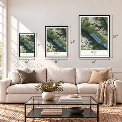 Lutak, Alaska map in 12 x 18, 18 x 24 and 24 x 36 inch sizes above a sofa