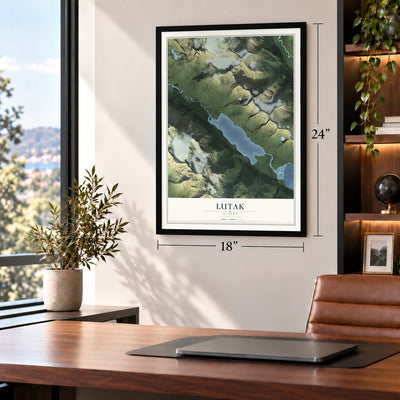 Lutak, Alaska map, 18 x 24 inch print in a black frame in a home office