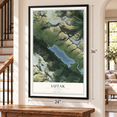 Lutak, Alaska map, 24 x 36 inch print in a black frame by a staircase