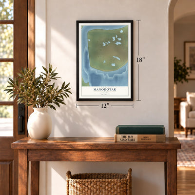 Manokotak, Alaska map, 12 x 18 inch print in a black frame in an entryway
