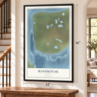 Manokotak, Alaska map, 24 x 36 inch print in a black frame by a staircase