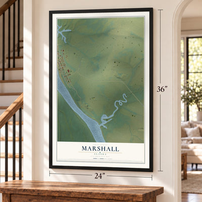 Marshall, Alaska map, 24 x 36 inch print in a black frame by a staircase