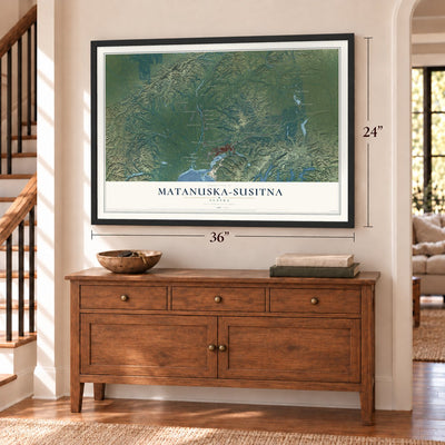 Matanuska-Susitna, Alaska map, 24 x 36 inch print in a black frame above a dresser by a staircase