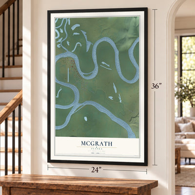 McGrath, Alaska map, 24 x 36 inch print in a black frame by a staircase