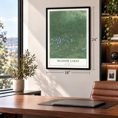Meadow Lakes, Alaska map, 18 x 24 inch print in a black frame in a home office