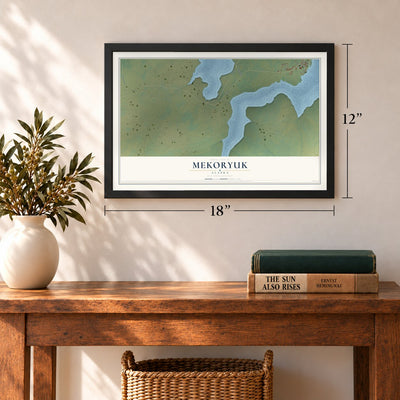 Mekoryuk, Alaska map, 12 x 18 inch print in a black frame in an entryway