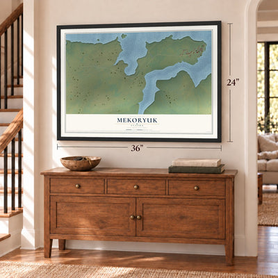 Mekoryuk, Alaska map, 24 x 36 inch print in a black frame above a dresser by a staircase