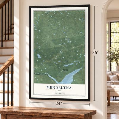 Mendeltna, Alaska map, 24 x 36 inch print in a black frame by a staircase
