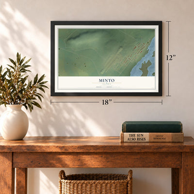 Minto, Alaska map, 12 x 18 inch print in a black frame in an entryway