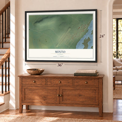 Minto, Alaska map, 24 x 36 inch print in a black frame above a dresser by a staircase