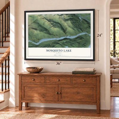 Mosquito Lake, Alaska map, 24 x 36 inch print in a black frame above a dresser by a staircase