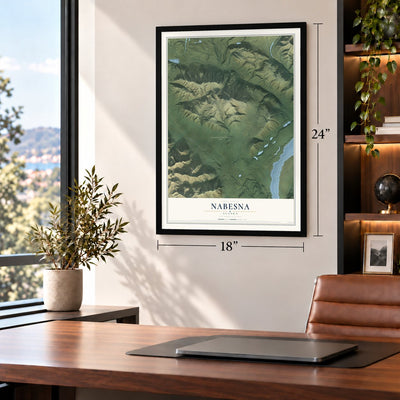 Nabesna, Alaska map, 18 x 24 inch print in a black frame in a home office