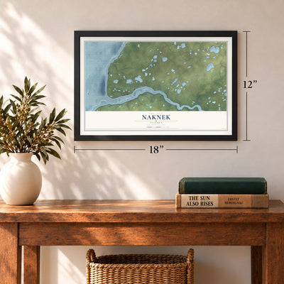 Naknek, Alaska map, 12 x 18 inch print in a black frame in an entryway