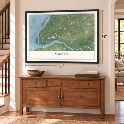 Naknek, Alaska map, 24 x 36 inch print in a black frame above a dresser by a staircase