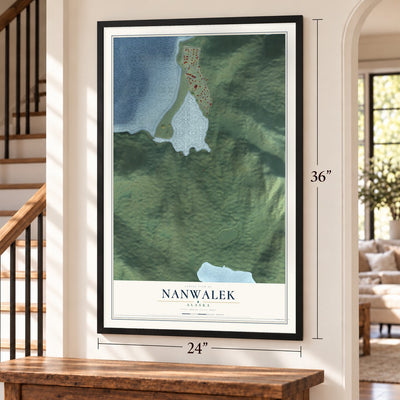 Nanwalek, Alaska map, 24 x 36 inch print in a black frame by a staircase
