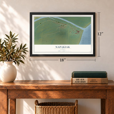 Napakiak, Alaska map, 12 x 18 inch print in a black frame in an entryway