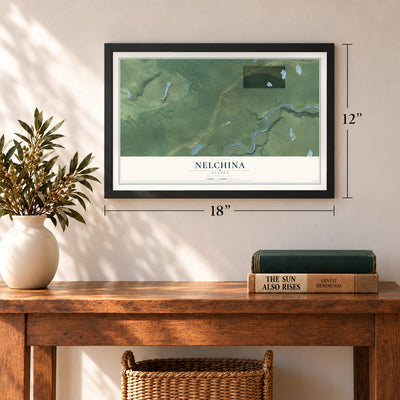 Nelchina, Alaska map, 12 x 18 inch print in a black frame in an entryway