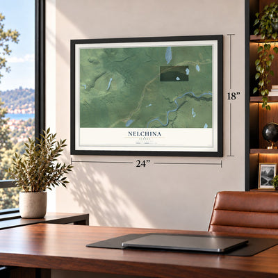 Nelchina, Alaska map, 18 x 24 inch print in a black frame in a home office