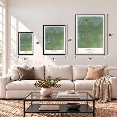 Nenana, Alaska map in 12 x 18, 18 x 24 and 24 x 36 inch sizes above a sofa