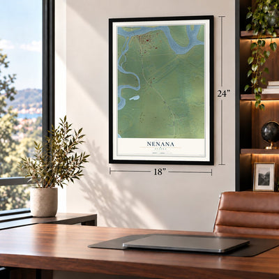 Nenana, Alaska map, 18 x 24 inch print in a black frame in a home office