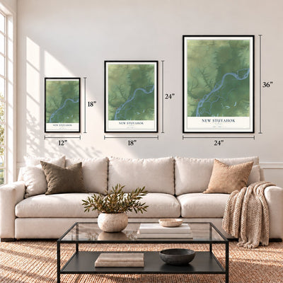 New Stuyahok, Alaska map in 12 x 18, 18 x 24 and 24 x 36 inch sizes above a sofa