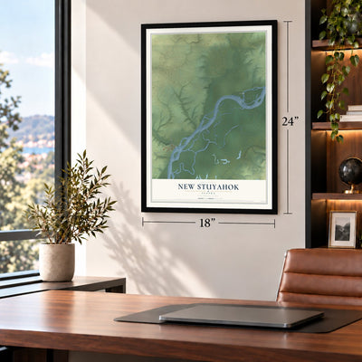 New Stuyahok, Alaska map, 18 x 24 inch print in a black frame in a home office