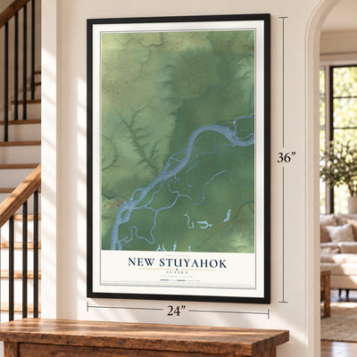 New Stuyahok, Alaska map, 24 x 36 inch print in a black frame by a staircase