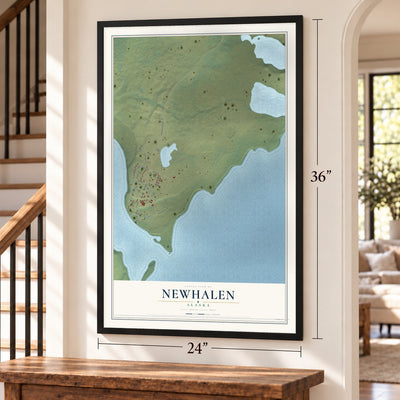Newhalen, Alaska map, 24 x 36 inch print in a black frame by a staircase