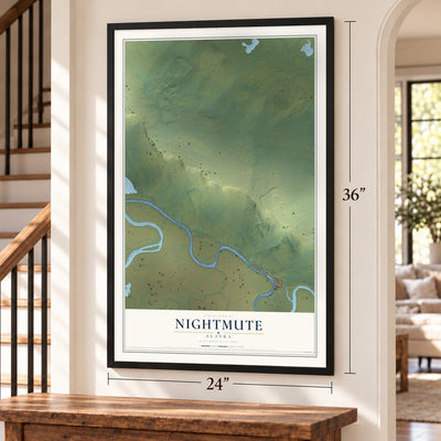 Nightmute, Alaska map, 24 x 36 inch print in a black frame by a staircase