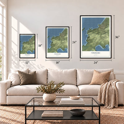 Nikolski, Alaska map in 12 x 18, 18 x 24 and 24 x 36 inch sizes above a sofa