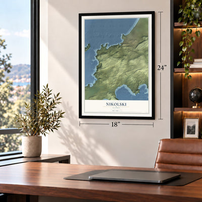 Nikolski, Alaska map, 18 x 24 inch print in a black frame in a home office