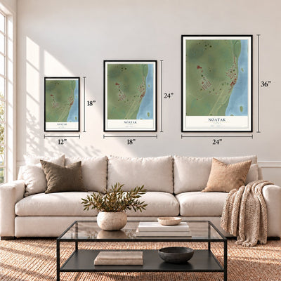 Noatak, Alaska map in 12 x 18, 18 x 24 and 24 x 36 inch sizes above a sofa