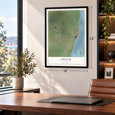 Noatak, Alaska map, 18 x 24 inch print in a black frame in a home office