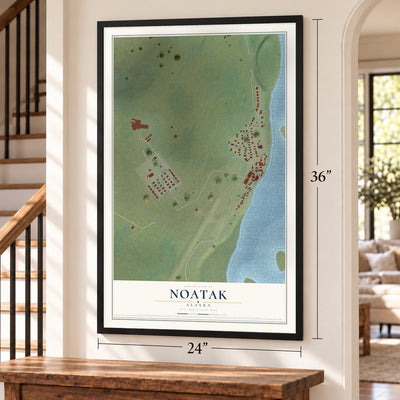 Noatak, Alaska map, 24 x 36 inch print in a black frame by a staircase