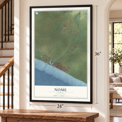 Nome, Alaska map, 24 x 36 inch print in a black frame by a staircase