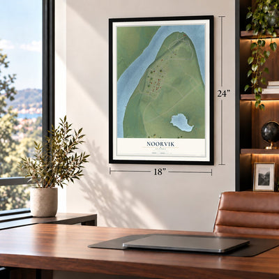 Noorvik, Alaska map, 18 x 24 inch print in a black frame in a home office