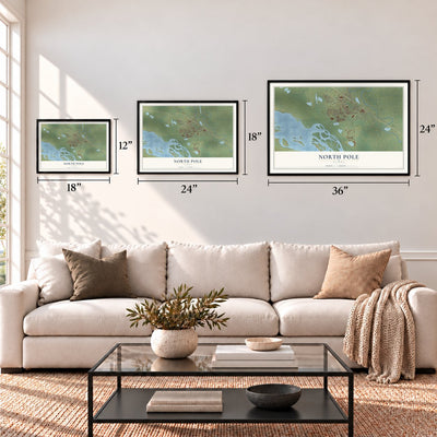 North Pole, Alaska map in 12 x 18, 18 x 24 and 24 x 36 inch sizes above a sofa