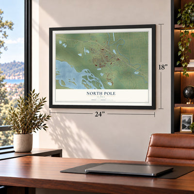 North Pole, Alaska map, 18 x 24 inch print in a black frame in a home office