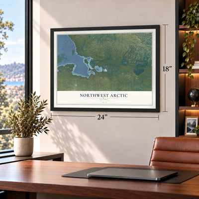Northwest Arctic, Alaska map, 18 x 24 inch print in a black frame in a home office