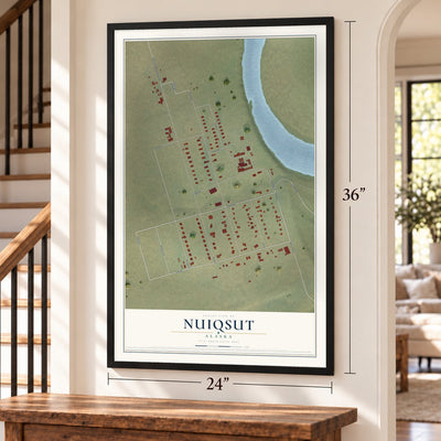 Nuiqsut, Alaska map, 24 x 36 inch print in a black frame by a staircase