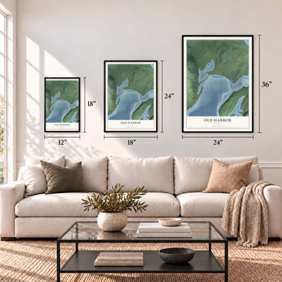 Old Harbor, Alaska map in 12 x 18, 18 x 24 and 24 x 36 inch sizes above a sofa