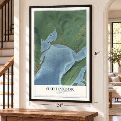 Old Harbor, Alaska map, 24 x 36 inch print in a black frame by a staircase