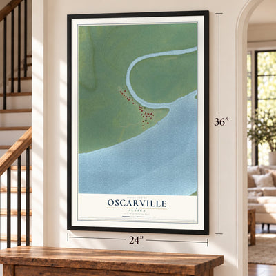 Oscarville, Alaska map, 24 x 36 inch print in a black frame by a staircase