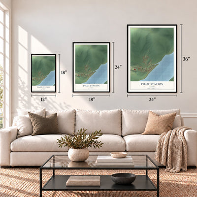 Pilot Station, Alaska map in 12 x 18, 18 x 24 and 24 x 36 inch sizes above a sofa